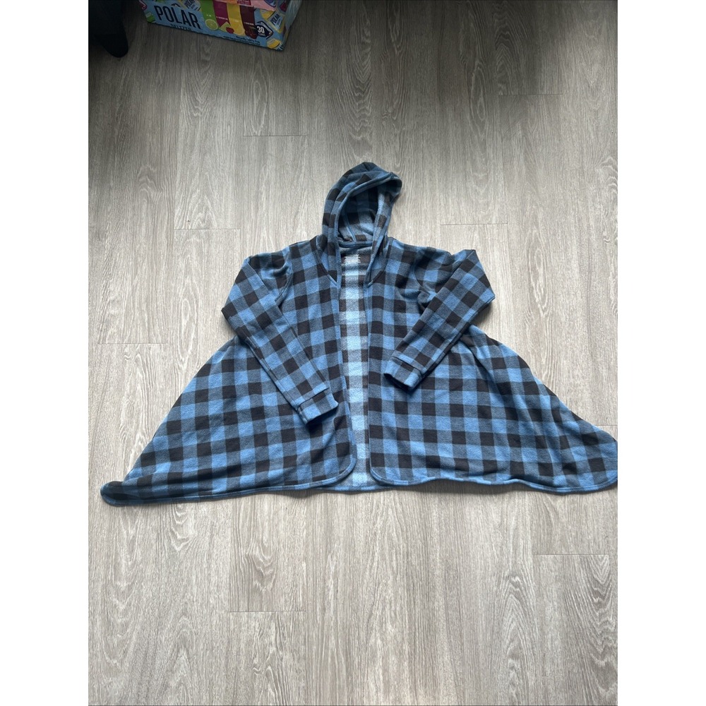 Cuddl Duds Fleece Poncho Blue Plaid Comfy Cozy Vibes Long Sleeve Hooded S/M